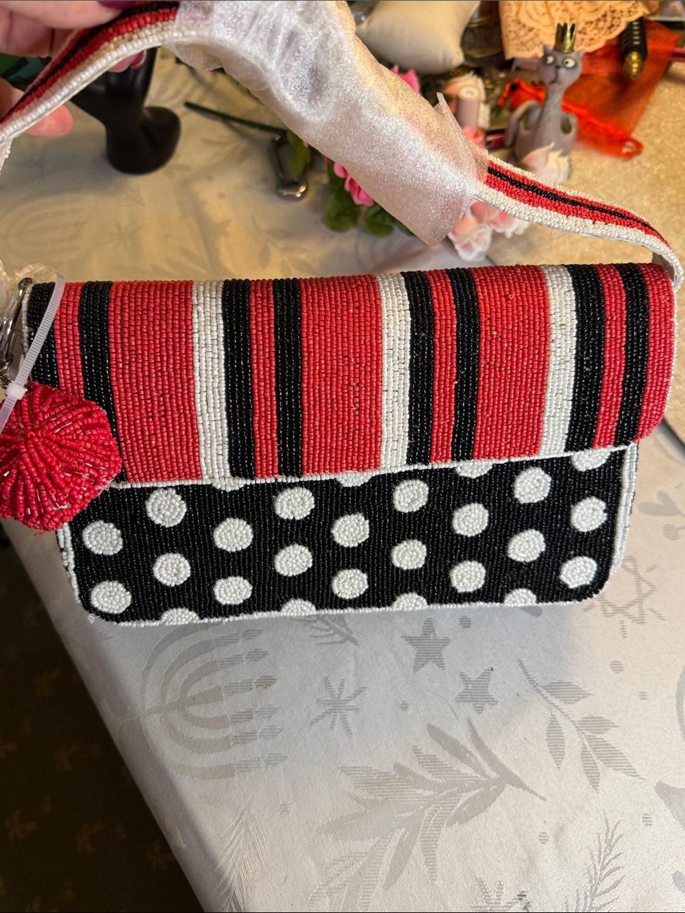 Beaded Polka Dot & Stripe Shoulder Bag in Red, Black & White